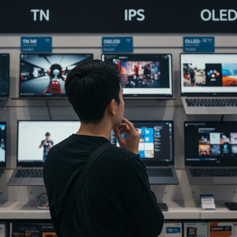 한 사용자가 전자제품 매장에서 TN, IPS, OLED 등 다양한 디스플레이의 노트북들을 비교하며 자신의 용도에 맞춰 신중하게 고민하는 뒷모습