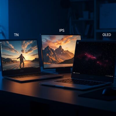 나란히 놓인 세 대의 노트북 화면에 각각 게임, 풍경 사진, 우주 이미지가 표시되어 TN, IPS, OLED 패널 기술을 비교하는 모습