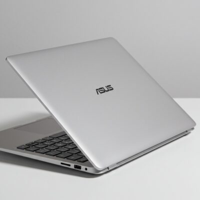 밝은 배경 위에 놓인 '쿨 실버' 색상의 ASUS 비보북 Go 15 (E1504FA-BQ476) 노트북. 상판이 살짝 열려 슬림한 디자인과 키보드가 보이며, 실용적이고 깔끔한 외관을 보여주는 현재 판매 제품 모습