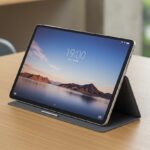 테이블 위에 놓인 올도큐브 iPlay 60 Pad Pro LTE 태블릿. 12인치의 넓은 화면과 슬림한 베젤 디자인이 보이며, 실용적이고 깔끔한 외관을 보여주는 현재 판매 제품(국내 정품).