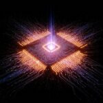 강력한 병렬 처리를 상징하는 미래적인 GPU 칩 이미지