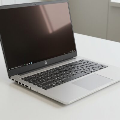 밝은 작업 공간에 놓인 'Natural Silver' 색상의 HP Laptop 15 (15-fd0xxx) 노트북. 약간 열린 상태로 키보드와 화면 일부가 보이며, 깔끔하고 실용적인 디자인을 보여주는 현재 판매 제품.