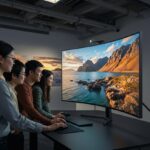 ALT 텍스트: IPS 패널 개념 설명 썸네일 이미지, 여러 사람이 다양한 각도에서 IPS 모니터를 보는 모습
