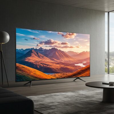 미니멀한 거실 공간에 놓인 이노스 NEW E7000UHD 4K TV. 제로 베젤 디자인 덕분에 화면이 꽉 차 보이며, 화면에는 다채로운 자연 풍경 이미지가 표시되어 있는 현재 판매 제품 모습.