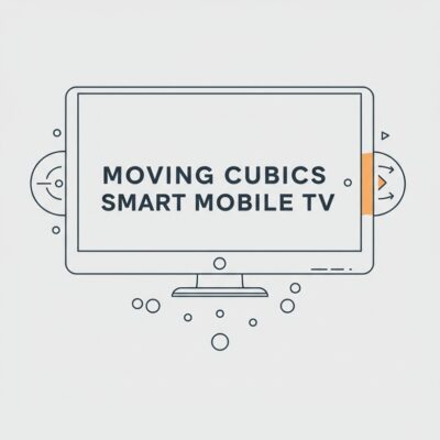 'Moving Cubics Smart Mobile TV' 영문 텍스트와 함께 이동성을 강조하는 아이콘(바퀴 등)이 포함된 심플한 타이포그래피. 현재 제품의 핵심 콘셉트인 이동 가능한 스마트 TV를 표현.