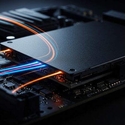 SSD 개념 설명 썸네일 이미지, 메인보드에 장착된 M.2 NVMe SSD에서 빛줄기가 뿜어져 나오는 모습