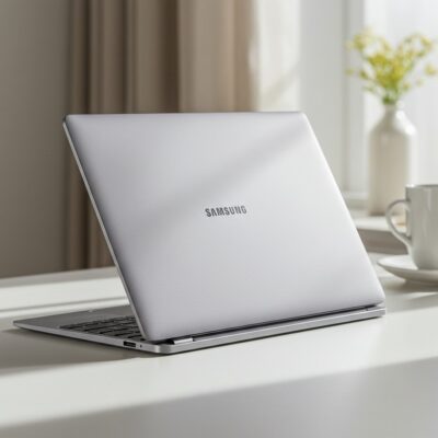 밝고 모던한 분위기의 책상 위에 놓인 실버 색상 삼성 갤럭시북 (NT750XGR-A51A) 노트북. 슬림한 옆모습과 깔끔한 상판 디자인이 돋보이며, 현재 판매 중인 제품의 실제 모습.