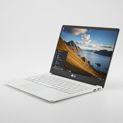 깔끔한 흰색 배경 위에 놓인 LG 울트라PC 15 (15U50T-GROWK) 노트북. 약간 열린 상태로 화면과 키보드가 보이며, 슬림하고 모던한 디자인을 강조하는 각도. 현재 구매 가능한 제품의 실제 모습.