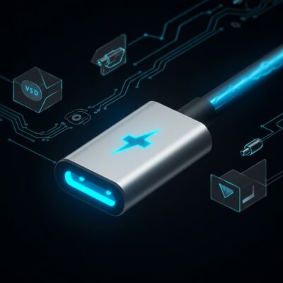 번개 아이콘이 새겨진 빛나는 USB-C 커넥터와 데이터, 영상, 전력이 통합되어 흐르는 추상적인 이미지