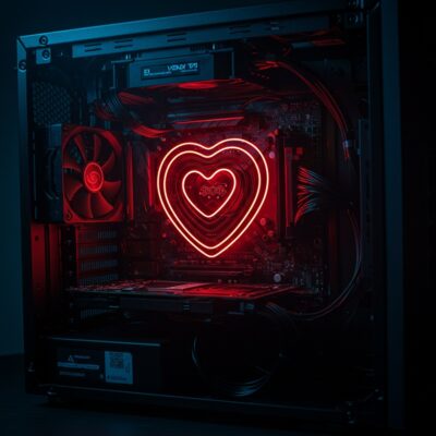 컴퓨터 케이스 안에서 빛나는 심장 모양이 결합된 파워 서플라이(PSU)