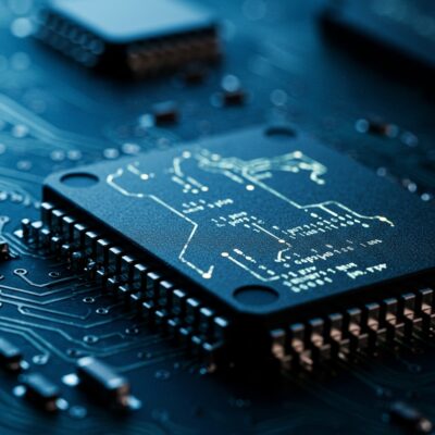 회로 기판 위 칩 표면에 코드 이미지가 투영된 펌웨어 상징 이미지