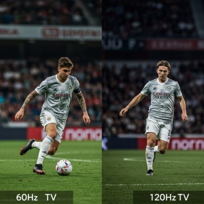60Hz TV의 약간 흐릿한 축구 장면과 120Hz TV의 매우 선명하고 부드러운 축구 장면 비교