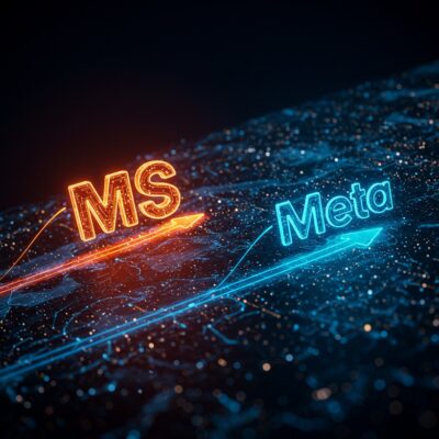 데이터 흐름 위에서 경쟁적으로 상승하는 MS와 메타의 투자 상징 - AI 투자 동향