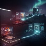 AMD CPU 기술의 진화를 시간의 흐름처럼 시각화한 포토리얼리스틱 이미지. 전경에는 Zen 5 기반의 고성능 게이밍 PC가 RGB 조명 속에서 실제 게임을 구동 중이며, 중경에는 Zen 6 개념 시스템이 반투명한 다리 위에 놓여 있고, 배경에는 Zen 7의 3D 코어와 캐시 칩렛이 떠다니는 미래형 컴퓨터가 배치되어 있다. 장면 전체가 과거에서 미래로 이어지는 기술 여정을 상징적으로 보여준다.