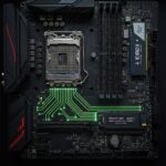 CPU에서 그래픽카드와 SSD로 연결되는 빛나는 PCIe 레인들을 보여주는 메인보드