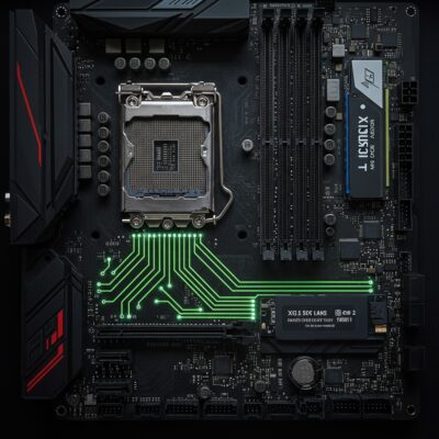 CPU에서 그래픽카드와 SSD로 연결되는 빛나는 PCIe 레인들을 보여주는 메인보드
