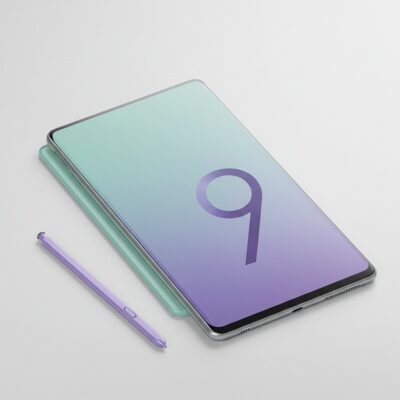 밝고 깨끗한 배경 위에 놓인 민트 또는 라벤더 색상의 삼성 갤럭시 탭 S9 FE+ (SM-X610N)와 S펜. 슬림한 디자인과 매력적인 색상을 보여주는 현재 판매 제품 모습.