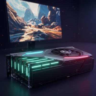 VRAM 칩이 보이는 그래픽카드와 선명한 4K 게이밍 화면