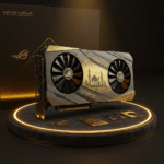 금빛 조명이 비추는 진열함 안에 고급스러운 한정판 ASUS ROG Astral RTX 5090 Dehab 그래픽카드가 벨벳 받침대 위에 전시되어 있다. GPU는 아랍 문양이 정교하게 새겨진 대형 쿼드 팬 쿨러와 순금 도금된 방열판 디테일을 갖췄으며, 백플레이트에는 낙타 행렬이 현대적 고층 건물로 전환되는 장면이 섬세하게 새겨져 있다. 팬 중앙에는 고대 아랍어 캘리그래피가 장식되어 있고, 주변에는 금빛 마감의 고급 부속품들이 함께 놓여 있다. 전체 배경은 어둡고 차분하며, 제품의 예술적이고 희소한 가치를 강조한다.