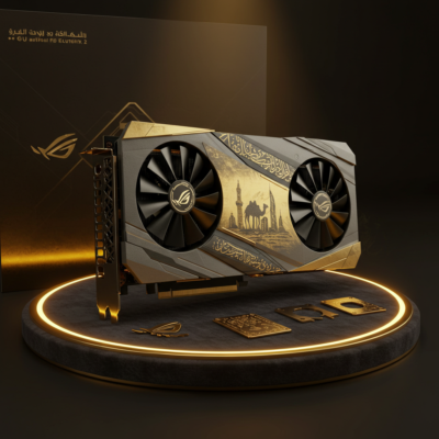 금빛 조명이 비추는 진열함 안에 고급스러운 한정판 ASUS ROG Astral RTX 5090 Dehab 그래픽카드가 벨벳 받침대 위에 전시되어 있다. GPU는 아랍 문양이 정교하게 새겨진 대형 쿼드 팬 쿨러와 순금 도금된 방열판 디테일을 갖췄으며, 백플레이트에는 낙타 행렬이 현대적 고층 건물로 전환되는 장면이 섬세하게 새겨져 있다. 팬 중앙에는 고대 아랍어 캘리그래피가 장식되어 있고, 주변에는 금빛 마감의 고급 부속품들이 함께 놓여 있다. 전체 배경은 어둡고 차분하며, 제품의 예술적이고 희소한 가치를 강조한다.