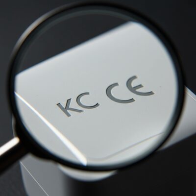 가전제품 뒷면의 KC 마크와 CE 마크를 돋보기로 살펴보는 모습