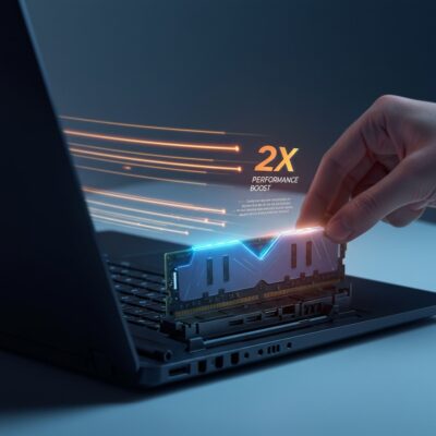 노트북 RAM 모듈을 슬롯에 장착하여 성능을 향상시키는 모습을 상징하는 이미지