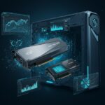 인텔 아크 프로 B60과 B50 GPU가 고성능 워크스테이션에 장착된 모습. 로컬 AI 처리, VRAM 통합, 배틀 매트릭스를 시각화한 데이터 흐름이 배경에 표현됨.