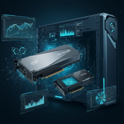 인텔 아크 프로 B60과 B50 GPU가 고성능 워크스테이션에 장착된 모습. 로컬 AI 처리, VRAM 통합, 배틀 매트릭스를 시각화한 데이터 흐름이 배경에 표현됨.