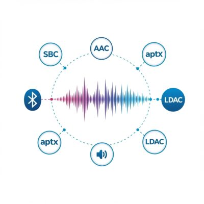 SBC, AAC, aptX, LDAC 등 다양한 블루투스 코덱 로고와 변화하는 음질 파형