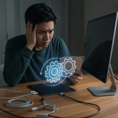 태블릿과 외부 모니터 연결 문제 해결 과정을 상징하는 이미지
