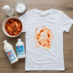 흰 티셔츠에 묻은 김치 얼룩과 베이킹소다, 식초, 과탄산소다 등 세척 도구들