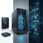 텍스트 없이 세 단계로 AI 컴퓨팅 규모 확장을 시각화한 이미지. 왼쪽에는 단일 Blackwell GPU가 탑재된 소형 AI 가속기, 중앙에는 여러 Blackwell GPU가 장착된 전문가용 워크스테이션, 오른쪽에는 수많은 Blackwell GPU가 NVLink로 연결되고 수랭식으로 냉각되는 데이터센터 랙 시스템이 표현되어 점진적인 성능 확장을 나타냄.