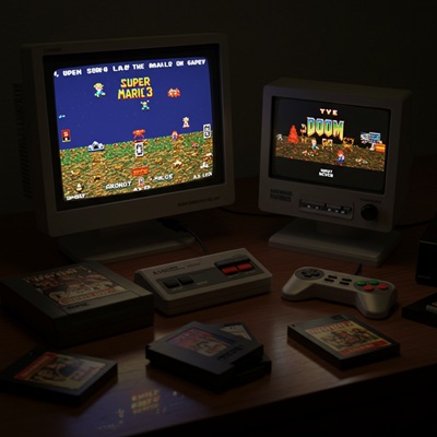 슈퍼 마리오 브라더스 3, 둠, 완다와 거상 등 레트로 명작 게임이 실행 중인 오래된 CRT TV와 최신 LCD 모니터가 나란히 배치된 책상 위, 고전 게임 팩과 컨트롤러가 흩어진 포토리얼 이미지. 기술 진보와 향수를 함께 담아낸 구도.